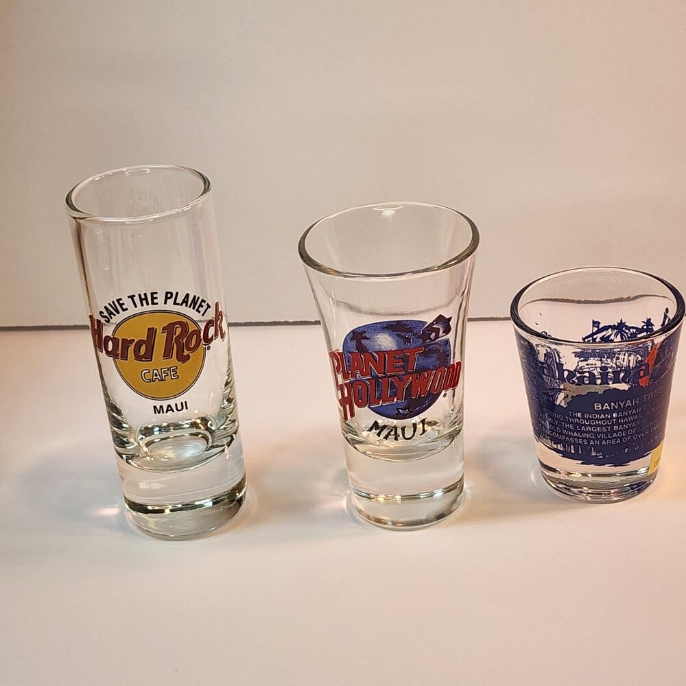 Vintage Maui Hawaii Shot Glass Lot - Hard Rock Cafe & Planet Hollywood Shooters